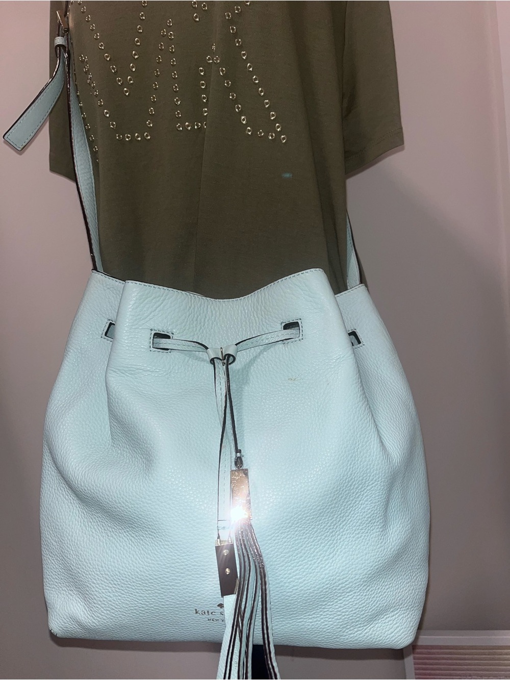 Kate Spade Grey Street Cooper Light Aqua Leather Drawstring Bucket Bag